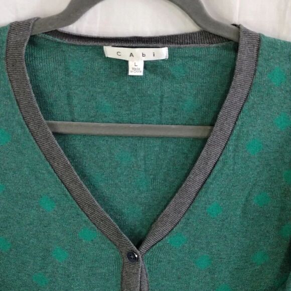 cAbi Retro Green Polka Dot Grey Trim Button Front Knit Cardigan Large - Picture 6 of 16